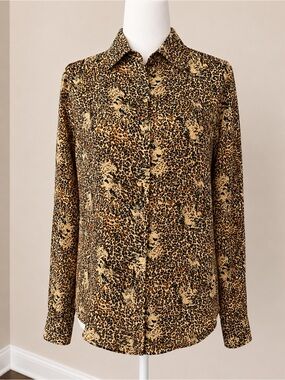 Allison Taylor Petite 100% Silk leopard print button up vintage